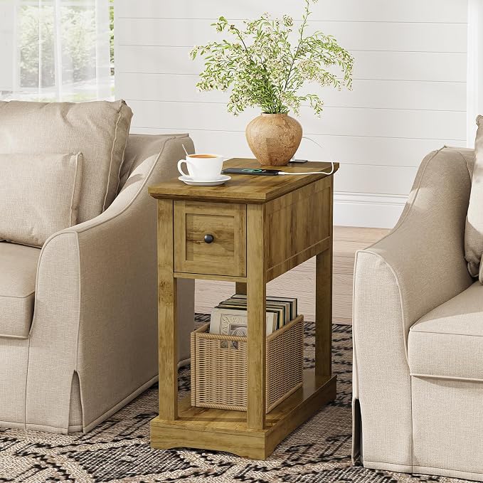 Nightstand Set of 2 with Charging Station, Side Table with Storage, Thicken Base, for Bedroom, Brown - Image 6
