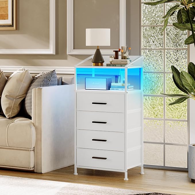 Nightstand 4 Drawer Dresser with LED Lights and Charging Station, Vertical Side Table with Fabric Drawers, End Table with Open Shelf, Tall Dresser for Bedroom, Hallway, Entryway, White - Image 5