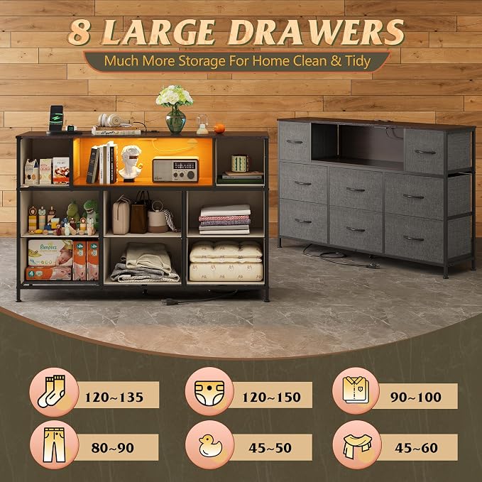WLIVE Grey Dresser TV Stand for 45, 50, 55 inch TV, Entertainment Center with LED Lights & Charging Station, Chest of Drawers with 8 Fabric Drawers and Open Storage Shelves for Living Room, Hallway - Image 4