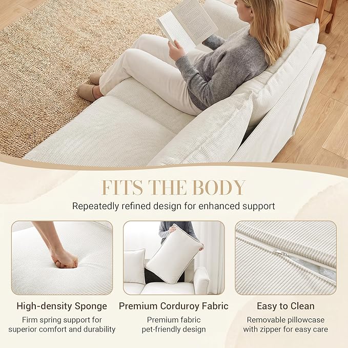 3 Seater Corduroy Couch, 89" Comfy Couch with Deep Seat, Modern Sofa Couch for Living Room, Office, Bedroom, Apartment (Pillows not Included) | Breathable material, Pet - friendly, Strong support