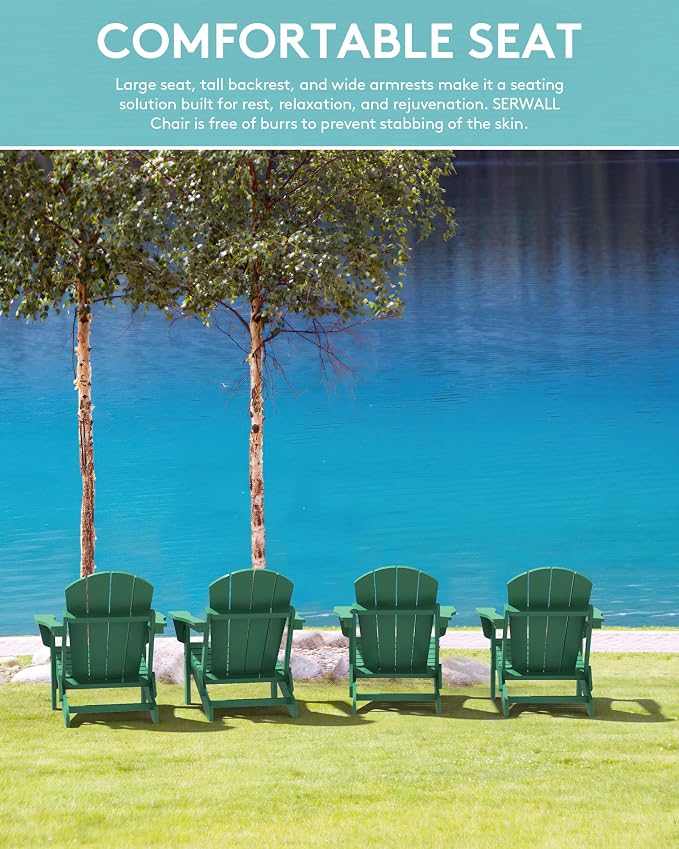 SERWALL Foldable Adirondack Chair Set of 4, Weather Resistant HIPS Patio Chairs with Cup Holder for Garden Outdoors Fire Pit Chairs-Green - Image 7