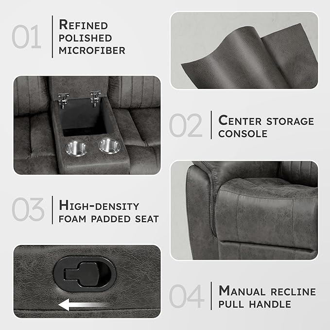 Lexicon 74" W Manual Double Reclining Loveseat with Center Console, Polished Microfiber Recliner Loveseat, Pillow Top Arms, for Living Room, Easy Assembly, Brownish Gray