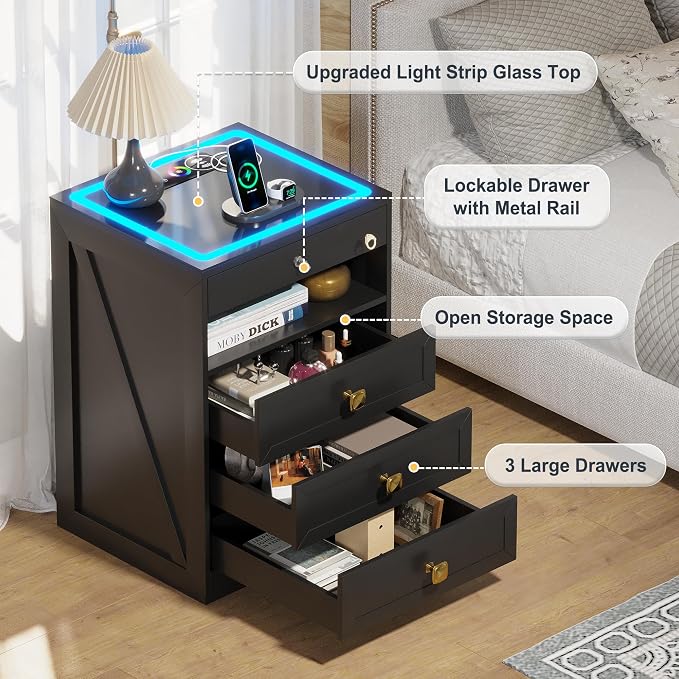 Lvifur LED Nightstand with 3 Drawers, Glass Top Bedside Table with Wireless Charging Station, Modern Night Stand with Auto Sensor, Bedroom Smart End Table (Black) - Image 6