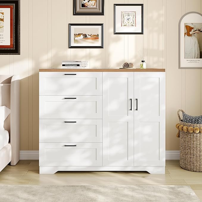 IDEALHOUSE 43.3'' H Armoire Wardrobe Closet with 4 Drawers and 2 Doors, Hanging Rod, Multifunctional Wooden Dresser with Storage Closet, Bathroom Cabinet for Bedroom, White