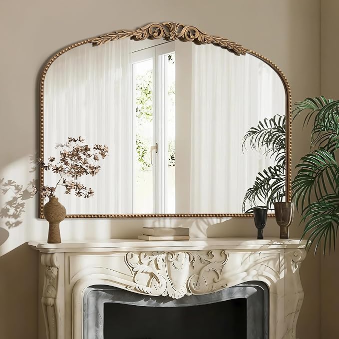 Besdomus Gold Large Fireplace Mirror: 48"x 33" Baroque Vintage Arched Mirror - Traditional Ornate Antique for Bathroom/Vanity/Mantel/Bedroom/Entryway/Hallway - Home Decor for Living Room by Besdomus