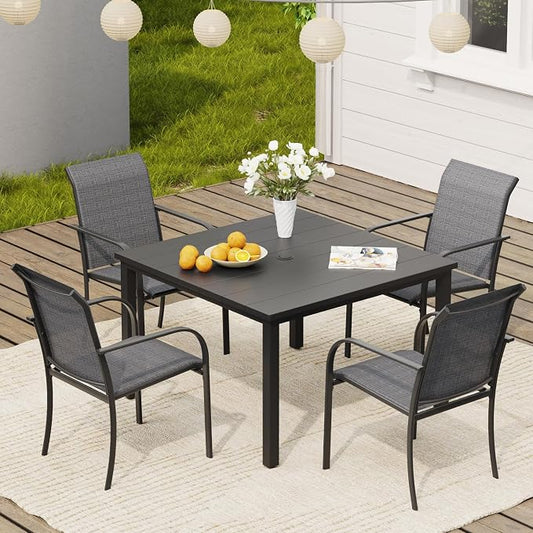 VICLLAX 5 Pieces Patio Dining Set, Patio Furniture Set of 4 Patio Stackable Dining Chairs and Outdoor Metal Square Table with Umbrella Hole for Backyard Lawn Garden, Dark Grey Chairs and Black Table by HOME