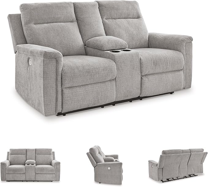 Signature Design by Ashley Barnsana Minimalist Power Reclining Loveseat with Console and USB Charging Ports, Light Gray