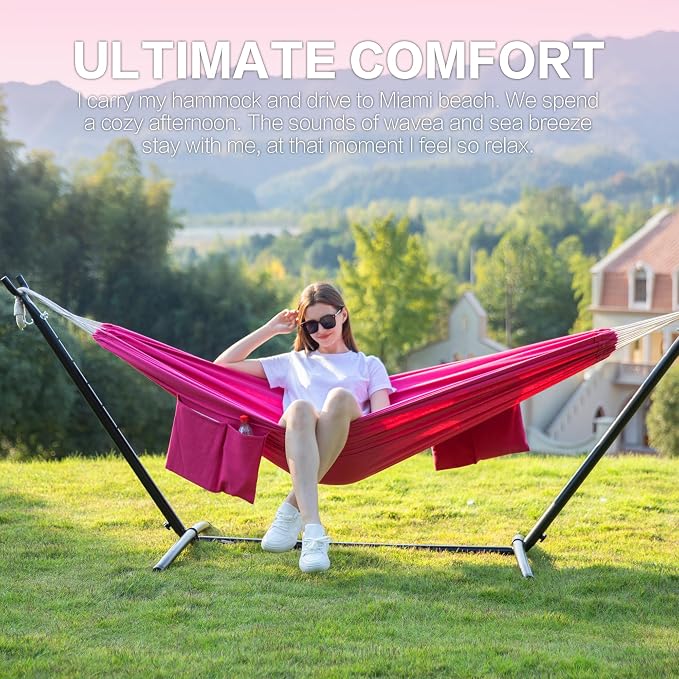 PNAEUT Double Hammocks with Stand for Outside, Portable Space Saving Heavy-Duty Steel Stand for Indoor Outdoor Patio with Carrying Bag, 450 lbs Capacity (Rose Pink) - Image 2