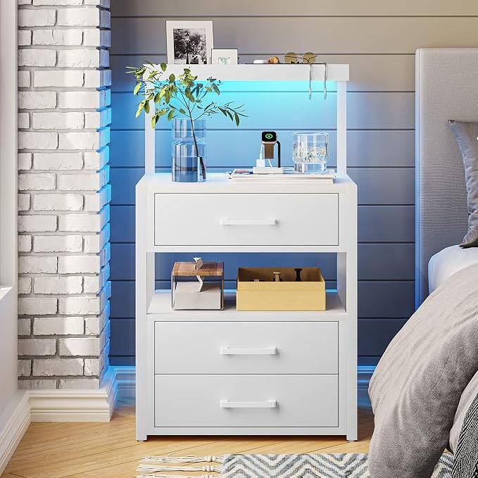 AOGLLATI Nightstand Set of 2 with Charging Station and LED Lights, Bedside Table with 3 Drawers and Open Storage Shelves, 2 USB Ports and 2 AC Outlets, LED Night Stand for Bedroom, 2 Pack, White - Image 2
