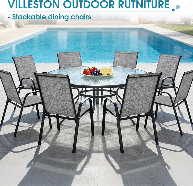 Outdoor Stackable Chairs Set of 8, Stacking Patio Chairs with Textilene Fabric, Outside Furniture for Garden Backyard Balconie Poolside Deck, Grey - Image 8