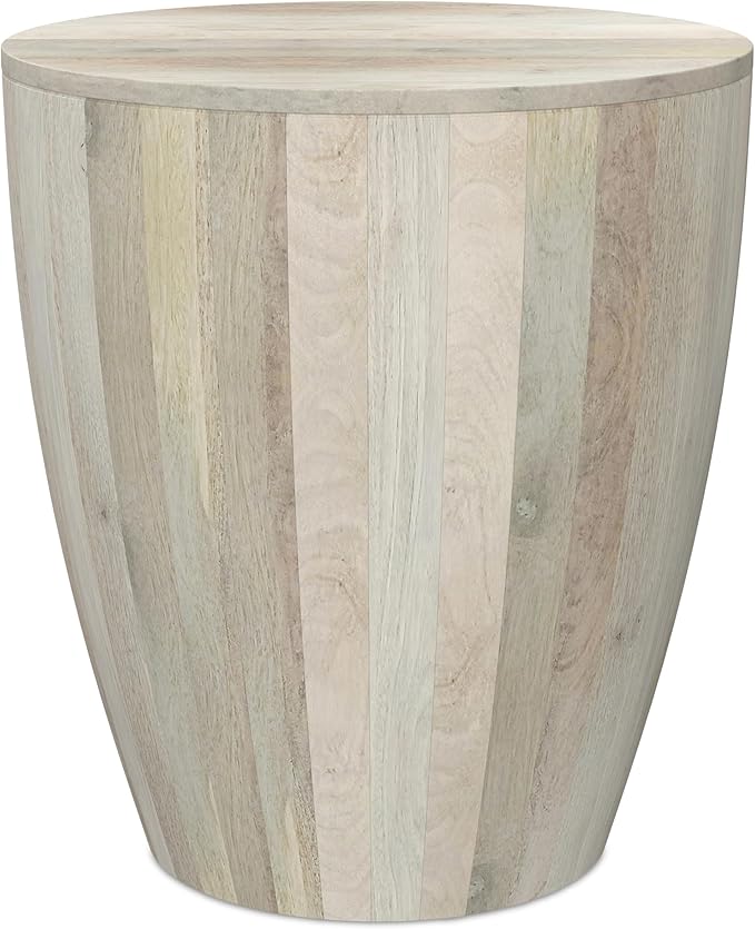 SIMPLIHOME Elmbrook End Table - 21 inch Wide Solid Mango Wood Round Drum Table with Vertical Panel Detailing in White Wash, Modern Nightstand or Plant Stand for Living Room or Bedroom, Assembled