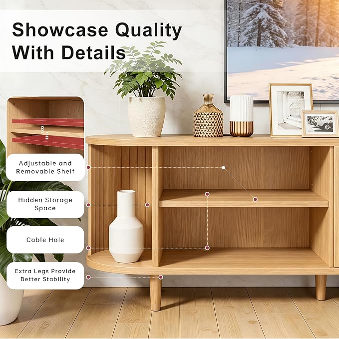 65" Mid Century Modern TV Stand, Wood TV Consoles with Sliding Doors and Power Outlet, Fluted Entertainment Center with Adjustable Shelves, Media Console for Living Room, Oak - Image 5