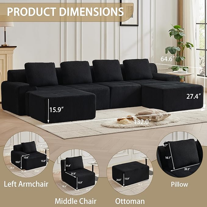 Modular Sectional Sofa with Movable Ottoman, 4 Seat Deep Seat Couch with 4 Pillows, Comfy Cloud Sectional Sofa for Living Room, Bedroom and Apartment (Black, 1 Left+1 Right+2 Middle+2 Ottoman)