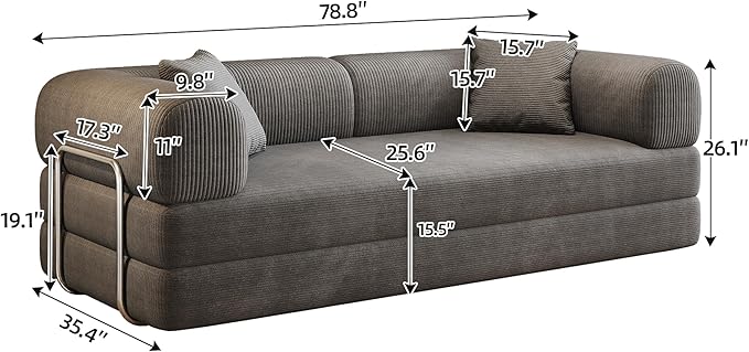 Ball & Cast 78.8" Compressed Modular Sofa Bed, No-Assembly Convertible Floor Futon Couch with Pillow Backrest & Armrest Support, Boneless Corduroy Sleeper Sofa for Living Room & Bedroom, Grey