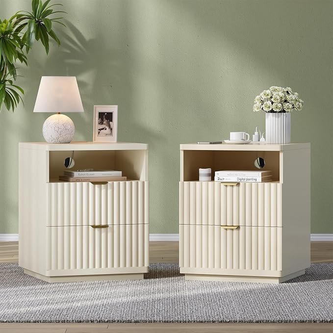 Night Stand Set 2, Nightstand with Charging Station, Night Stand with Open Shelf and 2 Drawers for Bedroom, Side Table Bedside Table with USB Ports & Outlets, Small Nightstand End Table by XINLILAI