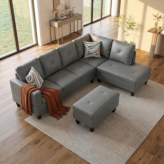 NicBex Modular L-Shaped Sectional Couches, 3-Piece Convertible Couch with Storage Ottoman, 4-Seat Comfy Sofa with Chaise for Living Room & Apartment, Dark Grey