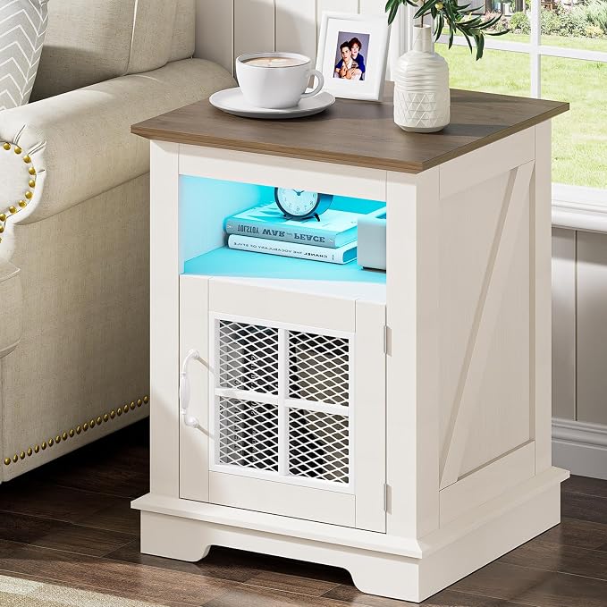DINGIPP Nightstand Set of 2 with RGB Lights, Farmhouse Night Stand Set 2, with Magnetic Metal Mesh Barn Door, Rustic Wood Bedside End Table with Open Shelf for Bedroom, White (2 Pieces) - Image 2