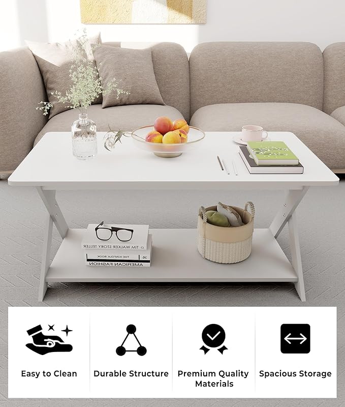 Modern Coffee Table with Storage Shelf, Simple Rectangular Tea Tables for Living Room Bedroom Home Office White