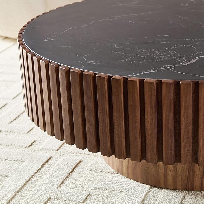 WILLIAMSPACE 35.43" Round Coffee Table with Sintered Stone Tabletop, Modern Farmhouse Wood Circle Drum Center Table for Living Room, Accent Side End Table for Apartment, 13.77" H (Walnut+Black)