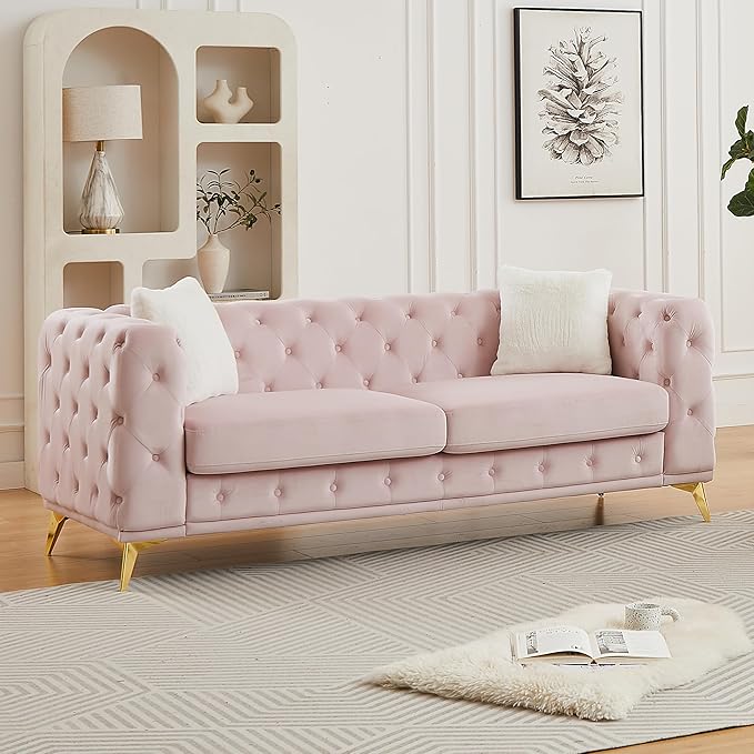 KEIKI 83" Luxury Oversized Velvet Chesterfield Sofa with 2 Pillows, Mid-Century Style 3-Seater Tufted Buttons Couch with High-Density Foam Cushions, Easy Assembly, for Apartment, Living Room, Pink