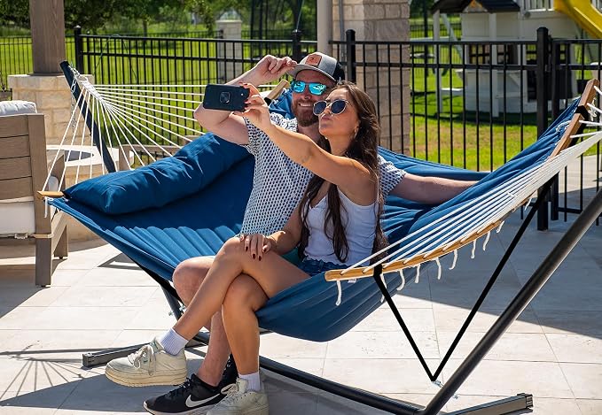 SUPERJARE Curved-Bar Hammock with Stand, 2 Person Heavy Duty Hammock Frame, Detachable Pillow & Portable Carrying Bag, Perfect for Outdoor & Indoor, Navy Blue - Image 2