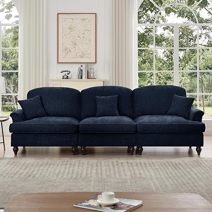 KEIKI Mid Century Modular Sofa with Flared Arms and Skirted Design, 107” Oversized 3-Seater Chenille Sectional Couches for Living Room, Soft Apartment Size Couch, Home Sofa Bedroom Furniture, Blue