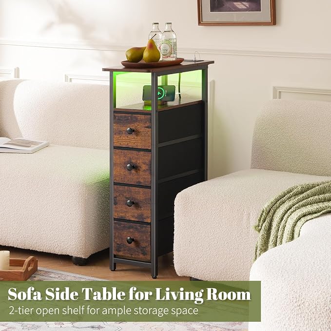 Yoobure LED Narrow Nightstand with Charging Station - Slim Dresser for Bedroom Narrow Side Table Storage Cabinet, Small Dressers Chest of Drawers, Tall Skinny Night Stand End Table for Small Spaces - Image 5