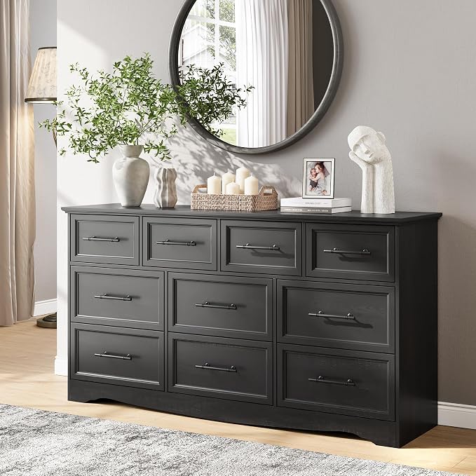 Black Dresser for Bedroom, 10 Drawer Dresser, 59" Wide Chest of Drawers w/Brushed Metal Handle, Wood Dressers TV Stand, Closet Organizers and Storage Cabinet for Bedroom, Living Room, Hallway by Harpaq