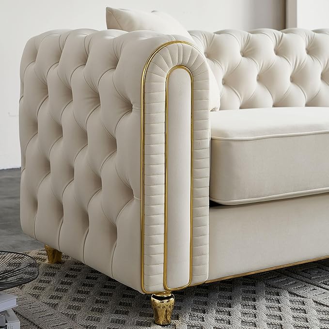 KEIKI 86" Chesterfield Velvet Button Tufted Sofa with High Density Foam Cushions and 2 Toss Pillows, Modern Style 3-Seater Couch with Gold Strip Trim Decoration, Easy Assembly, for Living Room, Beige