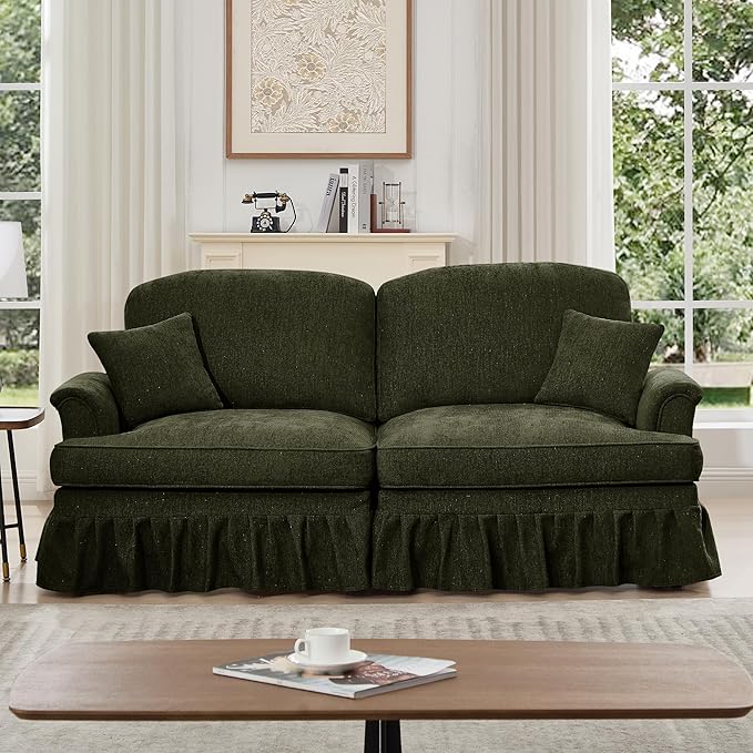 KEIKI Mid Century Modular Sofa with Flared Arms and Skirted Design, 76" Loveseat Chenille Sectional Couches for Living Room, Comfy Apartment Size Couch, Home Sofa Bedroom Furniture, Green