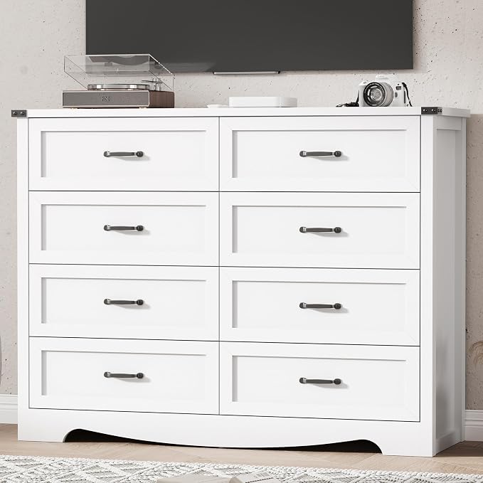 Dresser for Bedroom with 8 Drawers, 54" Wide Wood Chest of Drawers with Deep Drawers & Mental Handle, Modern Dresser TV Stand, Wooden Closet Storage Organizer for Living Room, Hallway, Entryway, White - Image 7