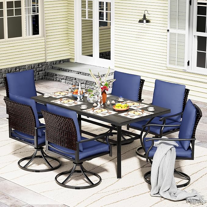 LEVELEVE 7 Piece Outdoor Patio Dining Set with 6 Swivel Dining Chairs & 1 Large Round Dining Table,Bistro Furniture Set for Lawn, Garden, Deck, Backyard and Porch by Enjoyyourlife