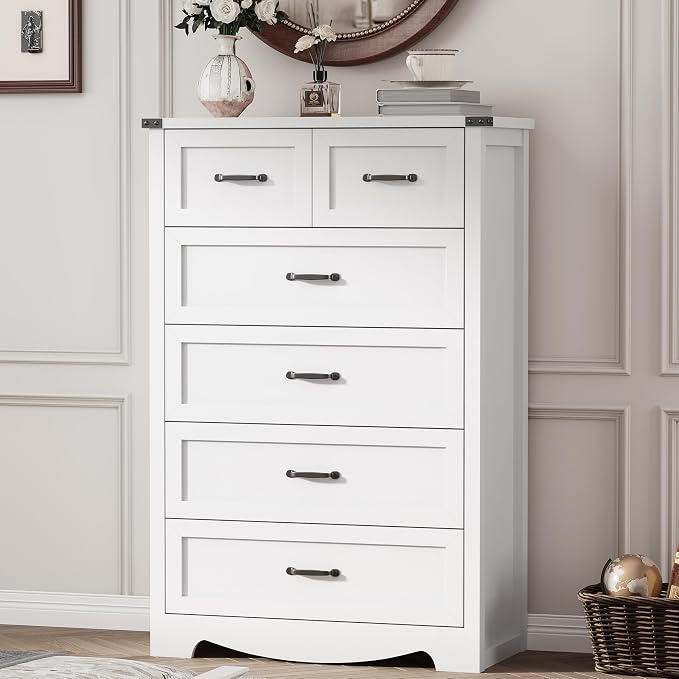 Dresser for Bedroom with 6 Drawers, 49" Tall Wood Chest of Drawers with Deep Drawers & Mental Handle, Modern Dresser TV Stand, Wooden Closet Storage Organizer for Living Room, Hallway, Entryway, White by Xixini