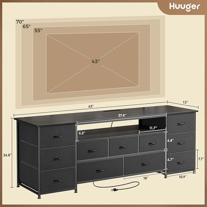 Huuger 63 Inch TV Stand for 65, 70 Inch TV, 11 Drawer Long Dresser with Power Outlets and LED Lights, Entertainment Center with Storage, Black Dresser with PU Leather Surface - Image 3
