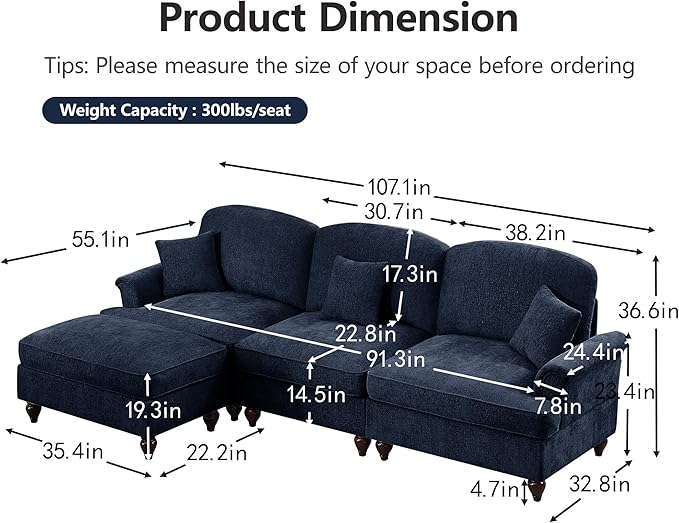 KEIKI Mid Century Modular Sofa with Flared Arms and Skirted Design, 107” Oversized 3-Seater with Ottoman Luxury Chenille L-Shaped Sectional Couches for Living Room, Chaise Lounge Indoor, Blue