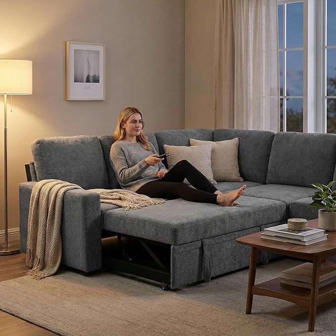5-Seater Large Sectional Couch with Pull Out Bed, L Shaped Chenille Sofa with Storage, Convertible Modular Sofa, for Living Room, Apartment, Gray