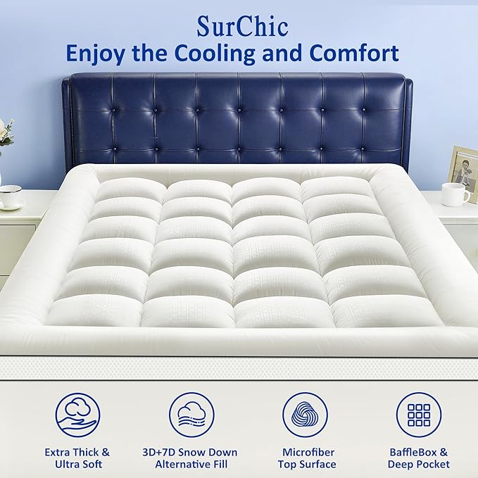 King Size Mattress Topper for Back Pain, Extra Thick Pillow Top Mattress Pad with 1000GSM Down Alternative Filler, Cooling Breathable Plush Bed Topper Protector Cover (8-21" Deep Pocket)