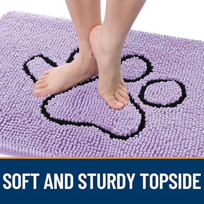 OLANLY Dog Door Mat for Muddy Paws 48x30, Paw Print Design, Absorbs Moisture and Dirt, Absorbent Non-Slip Washable Doormat, Quick Dry Chenille Mud Mat for Dogs, Entry Indoor Entryway Carpet, Lavender - Image 4