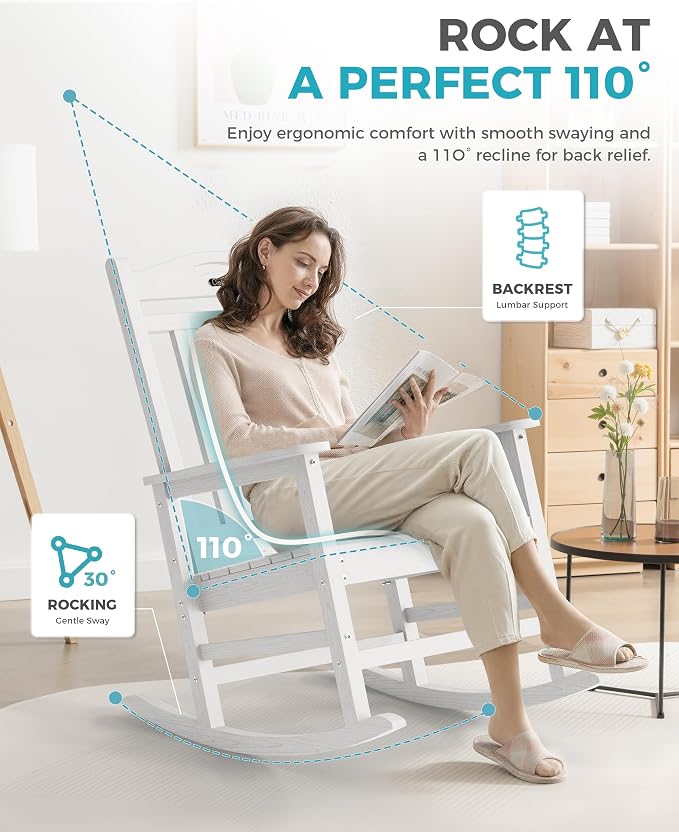 Ciokea Oversized Outdoor Rocking Chairs Set of 2, 380lbs Heavy-Duty Large Patio Rocker, High Back Cozy Porch Chairs, Weather Resistant Patio Rocking Chairs for Outside, Fire Pit, Deck, White - Image 4
