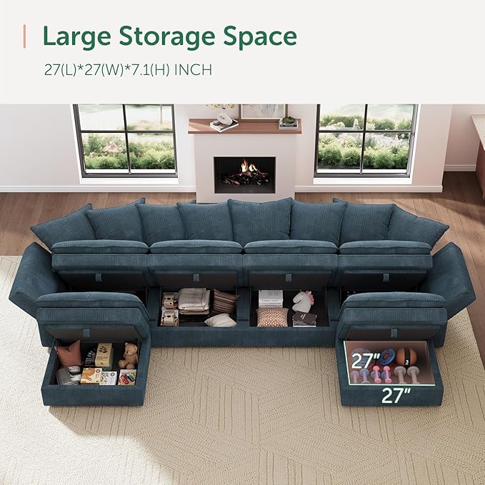 HONBAY Modular Sectional Sofa, 137 Inch U Shaped Corduroy Couch with Storage, Convertible Sectional Sofa with Deep Seat, Blue