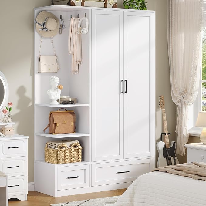 DynJest Armoire Wardrobe Closet with 2 Drawers, 70" Tall Clothing Storage Cabinet with Hanging Rod, 3 Open Shelves & 5 Hooks, 2 Doors Large Capacity Wooden Wardrobe Cabinet for Bedroom, White