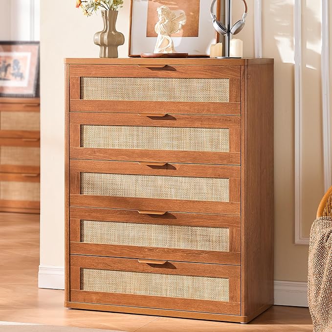 LEYAOYAO Dresser for Bedroom, 41" Tall Chest of Drawers, Modern 5 Drawers Boho Rattan Dressers with Storage, Dresser Wooden Closet Organizer for Living Room, Hallway, Tea Brown - Image 2