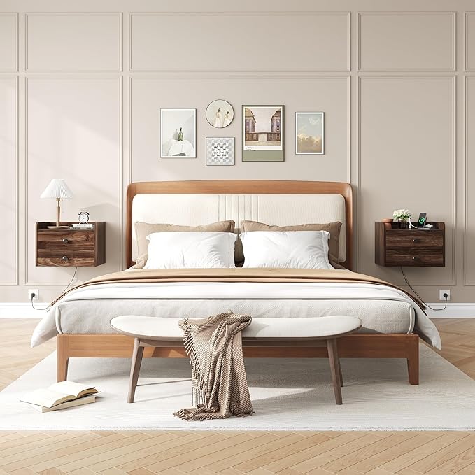 Floating Nightstand Set of 2 with 2 Storage Drawers and Charging Station Wood Wall Mounted Bedside End Table Modern Night Stands Set 2 for Bedroom,Small Space,Brown Walnut - Image 3