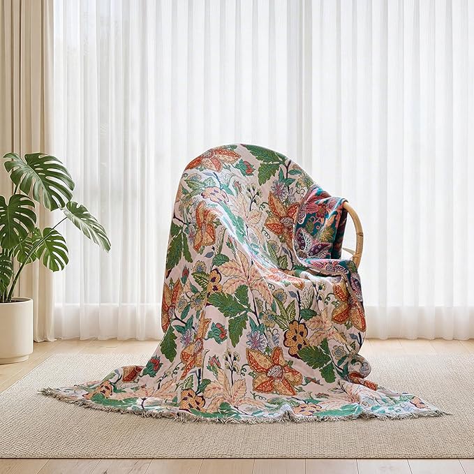 Boho Throw Blanket - 50"x60" 100% Cotton Soft Breathable Lightweight Bed Blanket, Reversible Muslin Spring Blankets Green Floral Farmhouse Decor Rustic Quilt for Bed Couch