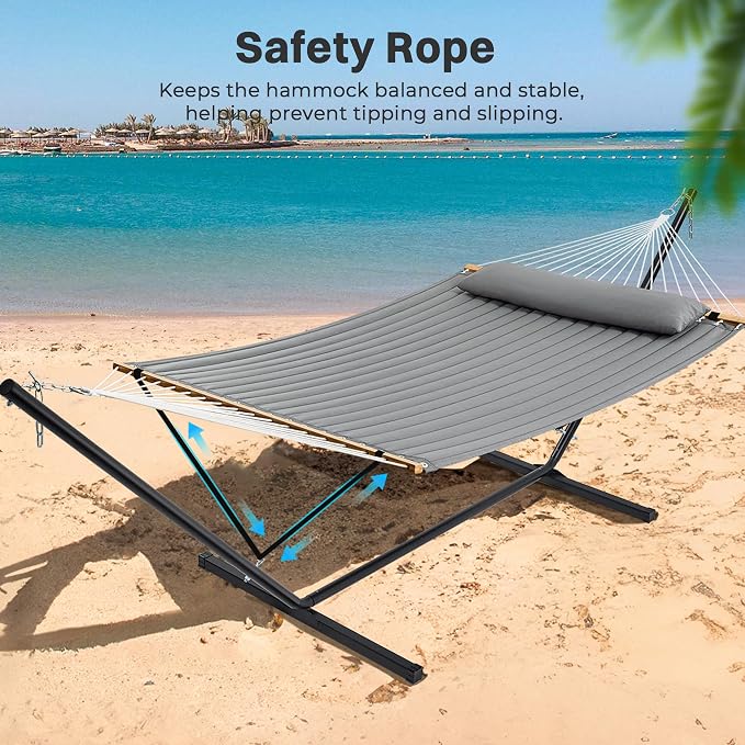 SUPERJARE Hammock with Stand, 2 Person Quilted Outdoor Hammock, Detachable Pillow & Bamboo Spreaders, Portable Hammock with Carrying Bag, Heavy Duty Stand, Perfect for Outside, Patio, Gray - Image 5