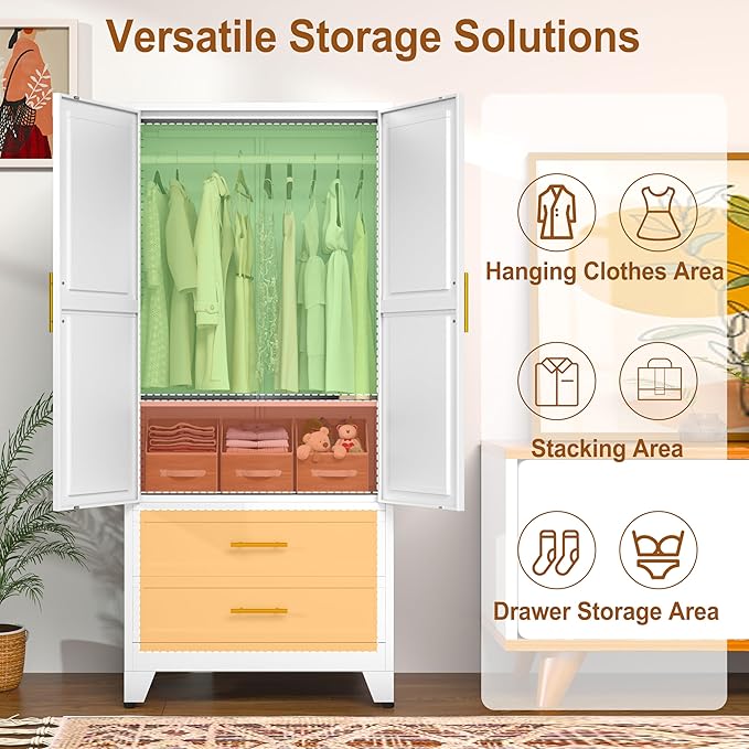 Metal Armoire Wardrobe Closet Storage Cabinet with 2 Doors White, 71'' Wardrobe Cabinet with Hanging Rod Metal Closet with Adjustable Shelf and 2 Drawers for Bedroom, Laundry Room, Cloak Room