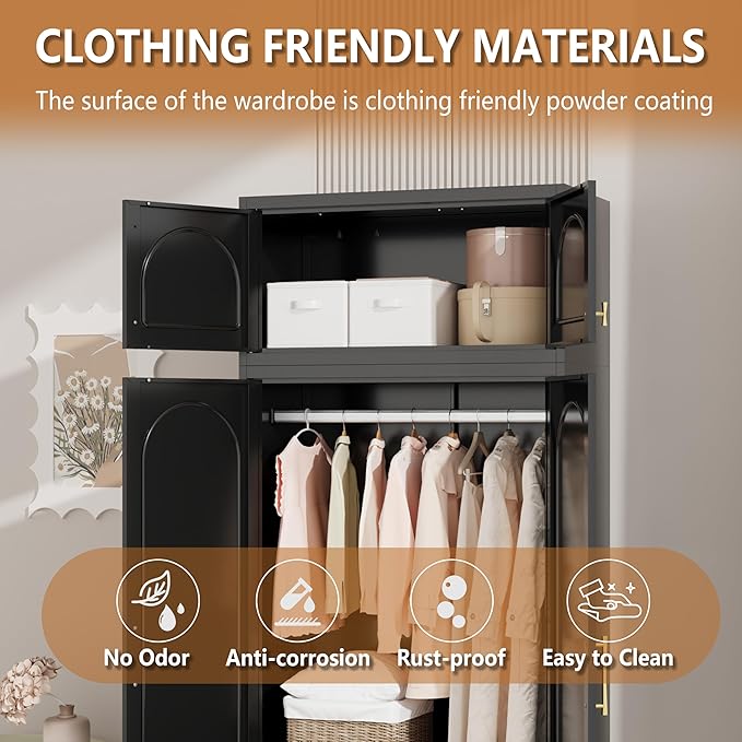 Polup Metal Armoire Wardrobe Cabinet, 86" Tall Wardrobe Closet with Doors, Black Clothing Storage Cabinet with Hanging Rod, Large Armoire for Bedroom, Office, School, Gym