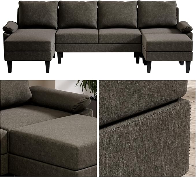 Sectional Couches for Living Room, Convertible 4 Seat Modular Sectional Sofa Set for Living Room, L Shaped Couch or U Shaped Couch with Ottoman for Apartment, Brown