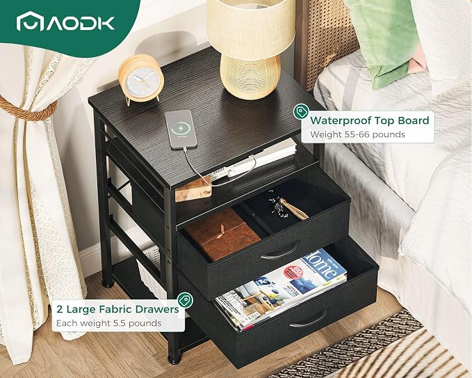 AODK Nightstand with Charging Station & LED Lights, 27.6" Tall Bedside Table with 4-Tier Storage, 2 Fabric Drawers & 2 Open Shelves, Space-Saving End Table for Bedroom, Black - Image 5