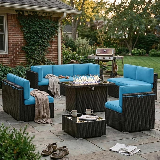 10 Pieces Patio Furniture Set with 44" Propane Gas Fire Pit Table, Outdoor Sectional Wicker Conversation Sofa Sets with Coffee Table